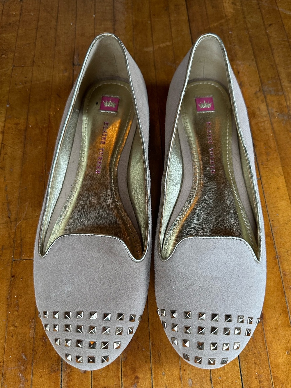 Ladies Beige Studded Suede Flats by Elaine Turner